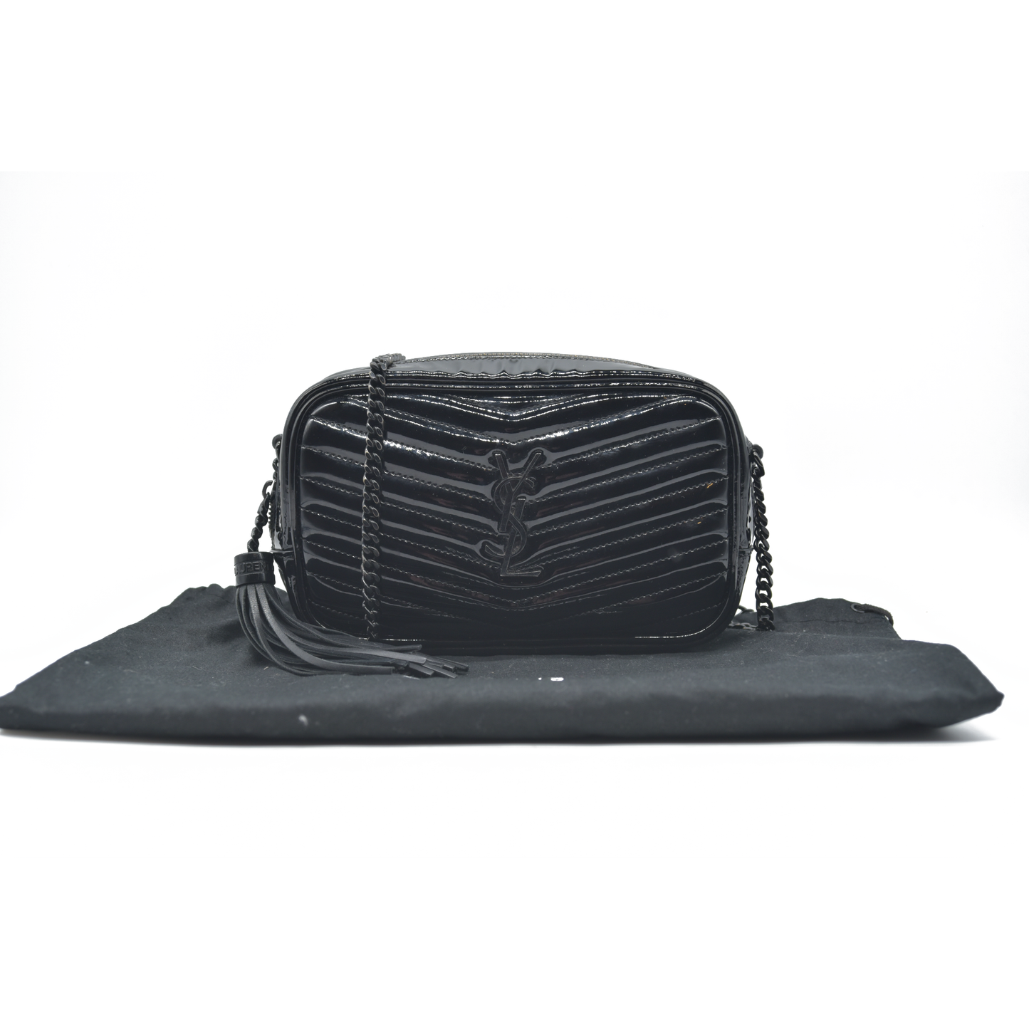 $1690 Saint Laurent Patent Leather Matelasse Monochrome Monogram Mini Lou Camera Bag Black