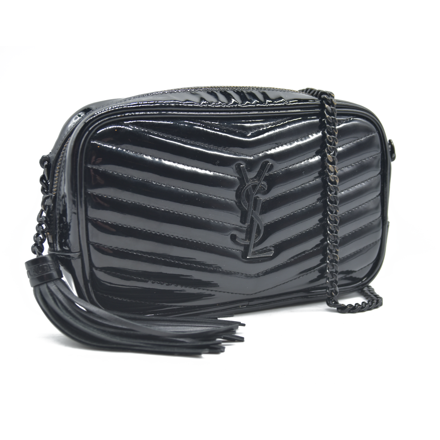 $1690 Saint Laurent Patent Leather Matelasse Monochrome Monogram Mini Lou Camera Bag Black