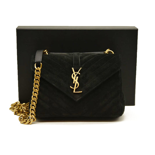 Saint Laurent  Suede Matelasse Chevron Monogram Medium College Bag Black