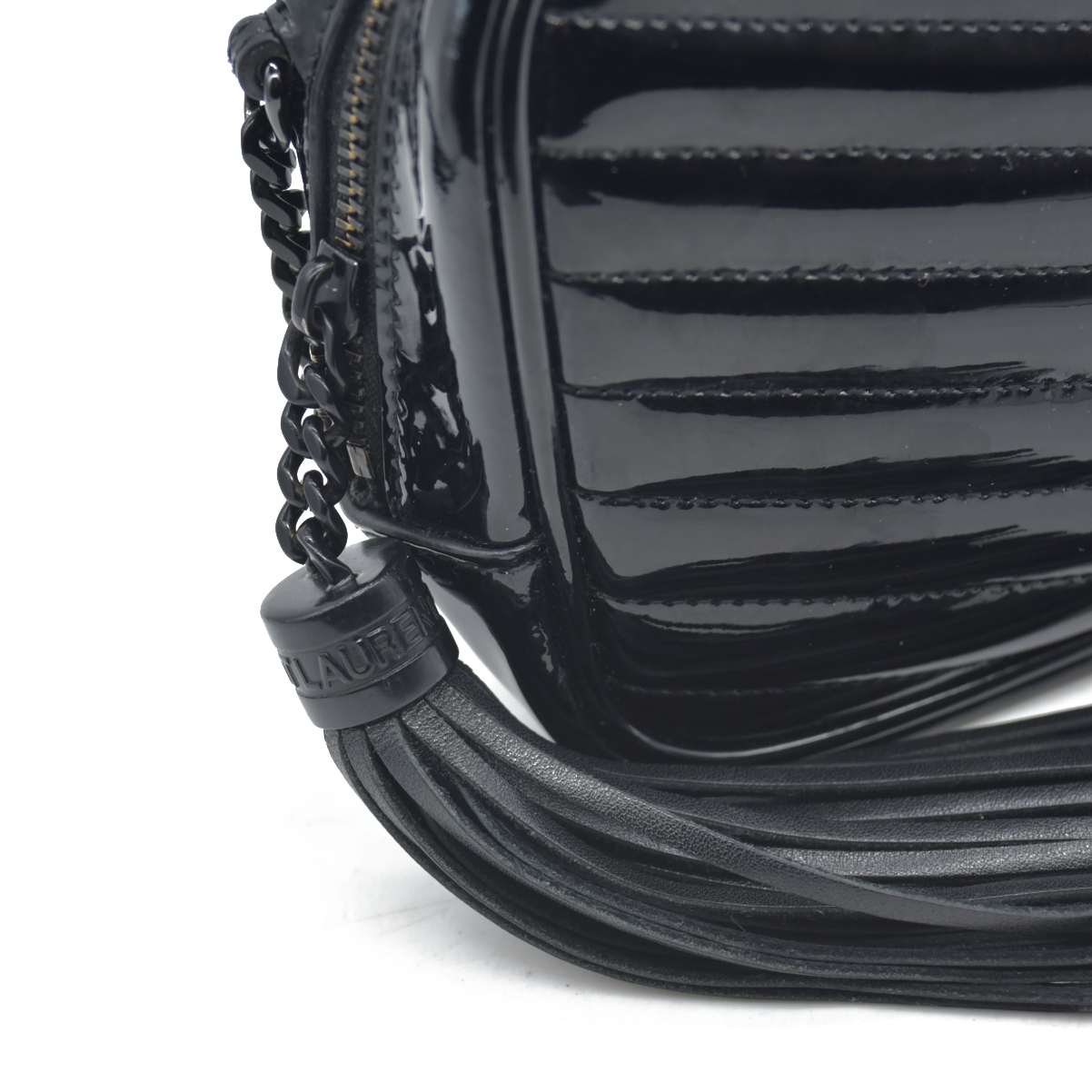 $1690 Saint Laurent Patent Leather Matelasse Monochrome Monogram Mini Lou Camera Bag Black