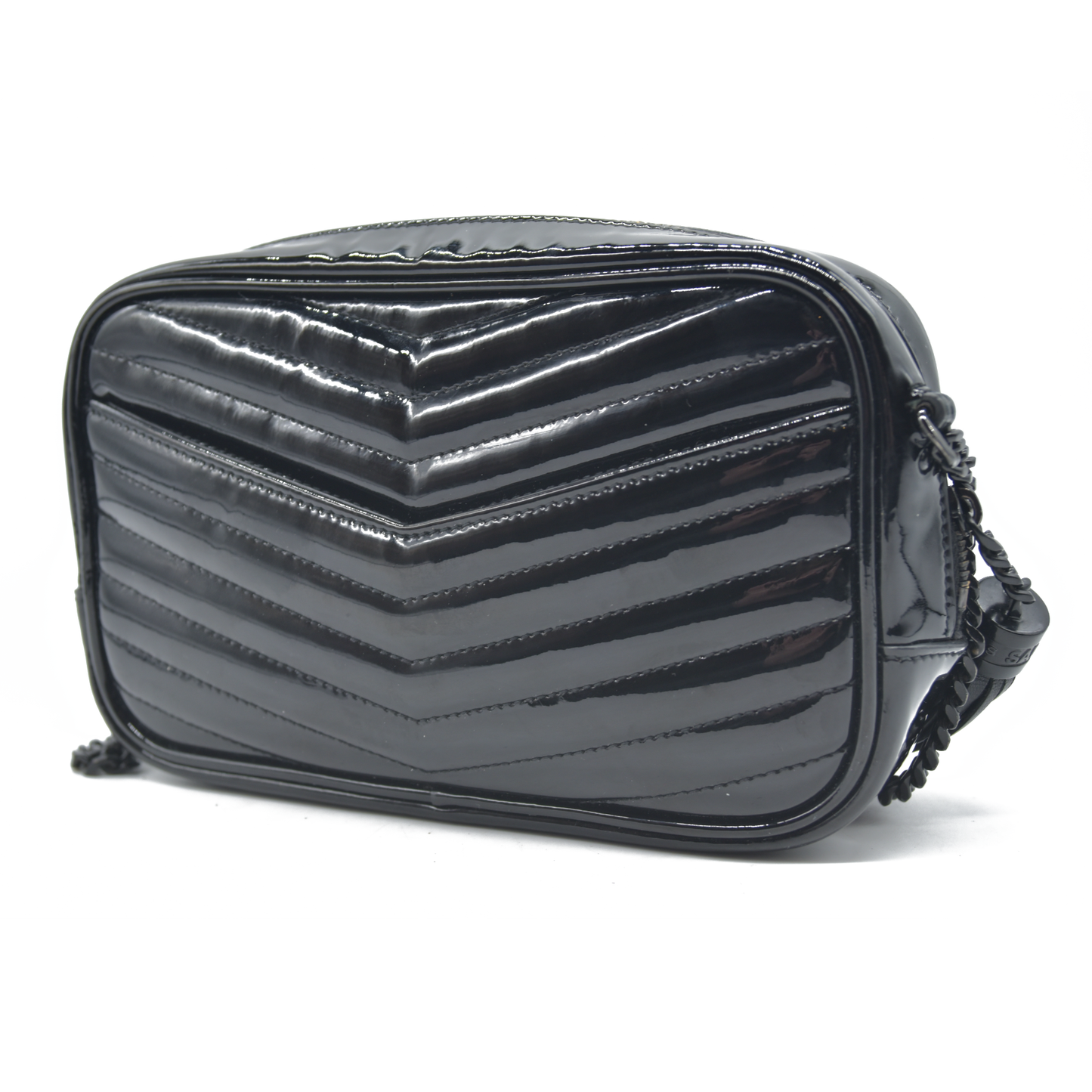 $1690 Saint Laurent Patent Leather Matelasse Monochrome Monogram Mini Lou Camera Bag Black