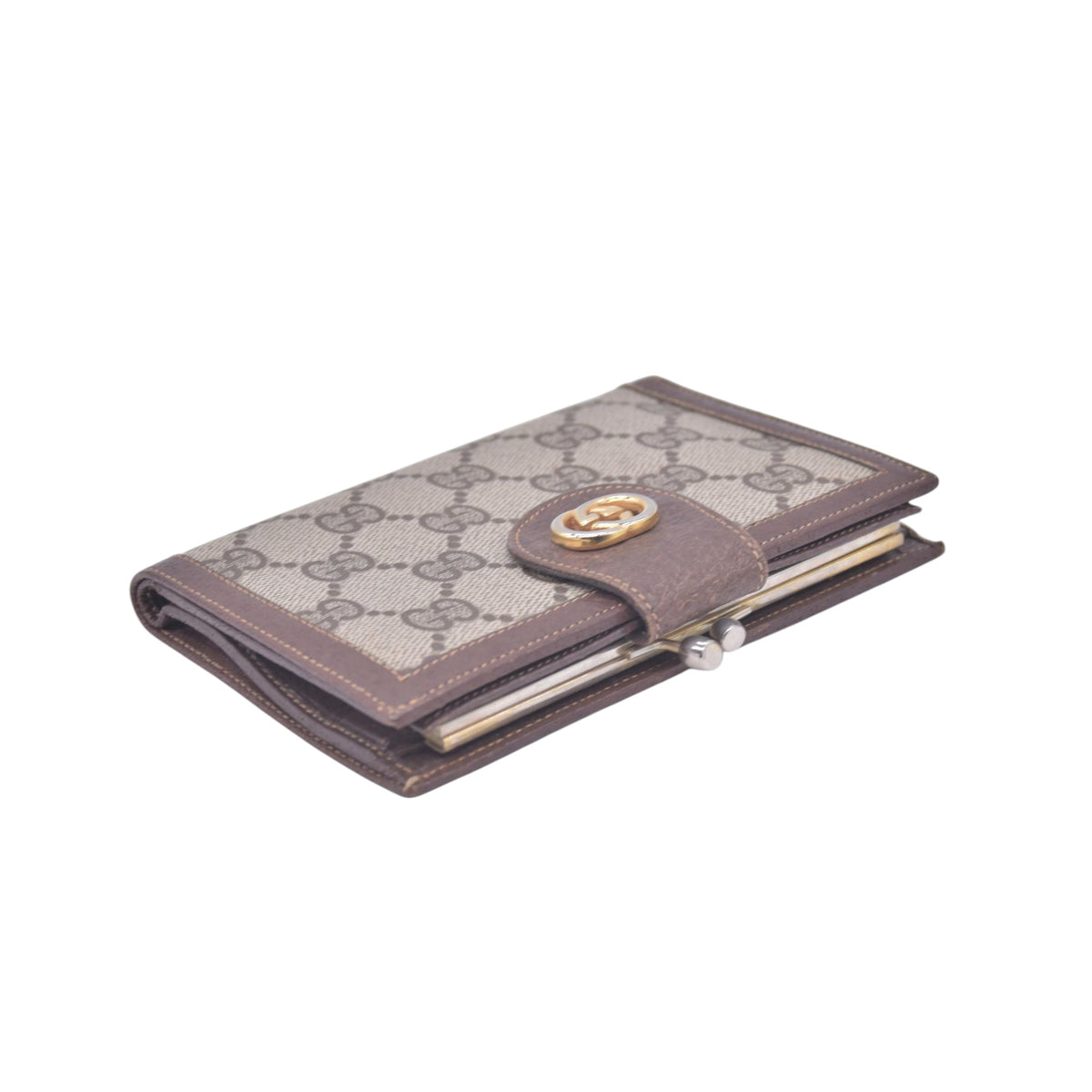 $680 GUCCI Vintage GG Plus Supreme French Purse Kisslock Wallet Beige Brown CONSIGNMENT 10021237