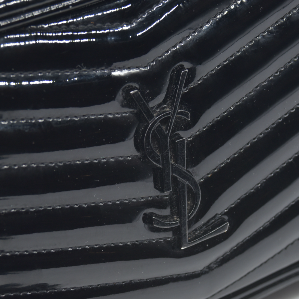 $1690 Saint Laurent Patent Leather Matelasse Monochrome Monogram Mini Lou Camera Bag Black