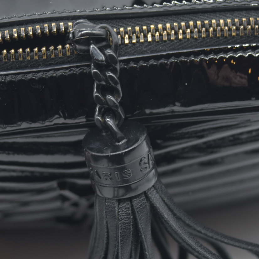 $1690 Saint Laurent Patent Leather Matelasse Monochrome Monogram Mini Lou Camera Bag Black