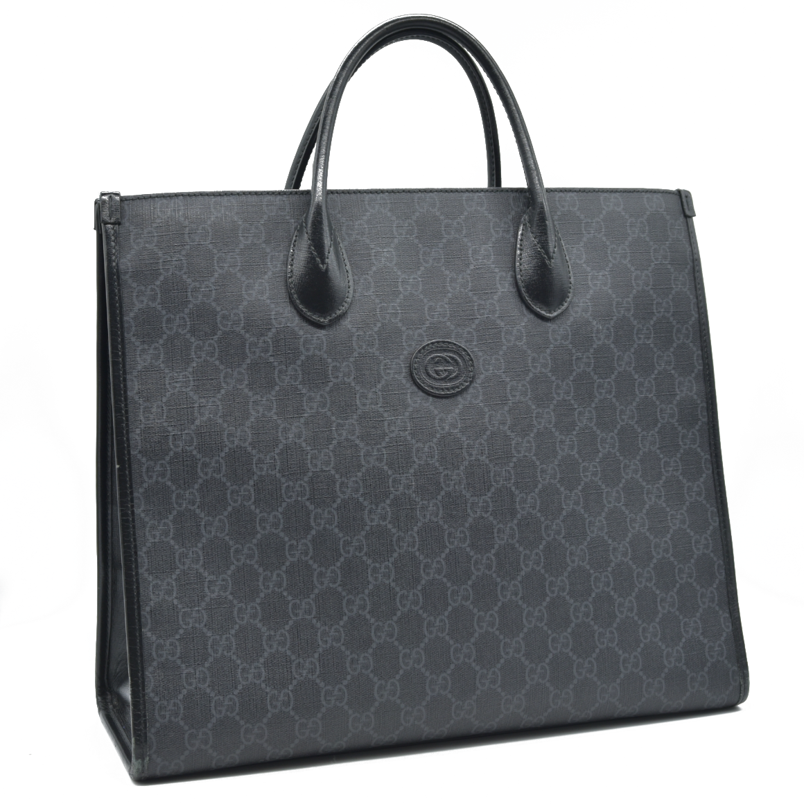 $2150 GUCCI GG Supreme Monogram Textured Dollar Calfskin Medium Retro Interlocking G Tote Bag in Black