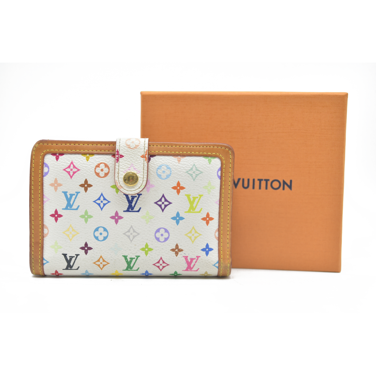 $735 Louis Vuitton Monogram Multicolor French Purse Wallet White TH0036 2006