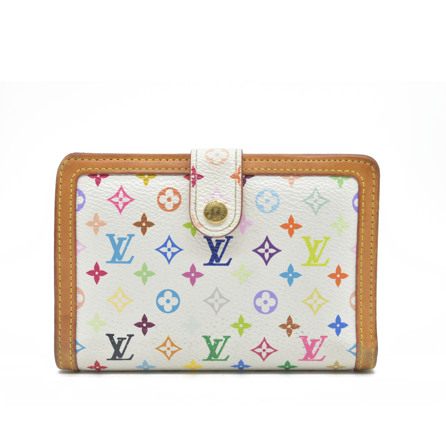 $735 Louis Vuitton Monogram Multicolor French Purse Wallet White TH0036 2006