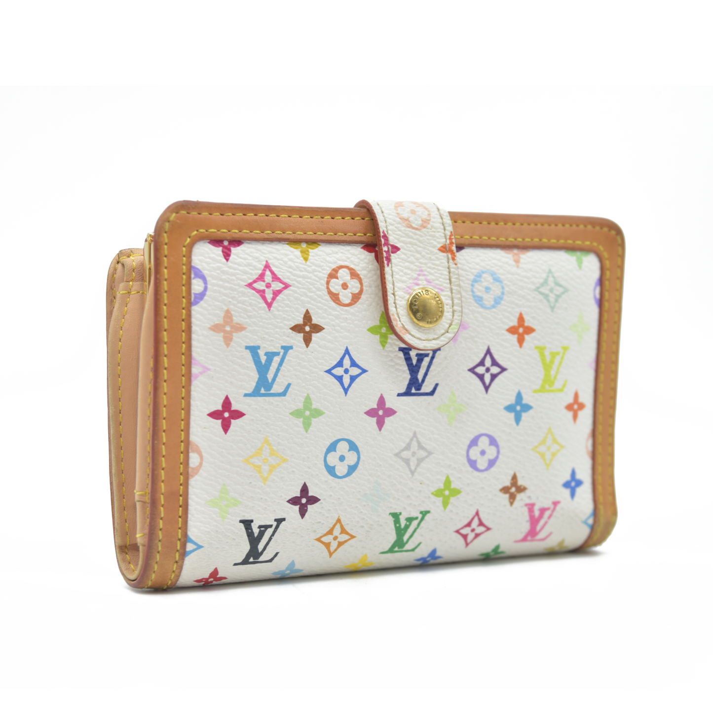 $735 Louis Vuitton Monogram Multicolor French Purse Wallet White TH0036 2006