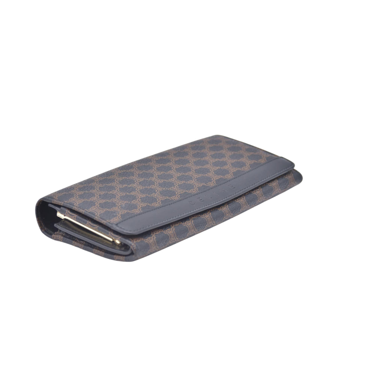 $650 CELINE Macadam Triomphe Canvas Kisslock Long Wallet Dark Brown CONSIGNMENT 10021203