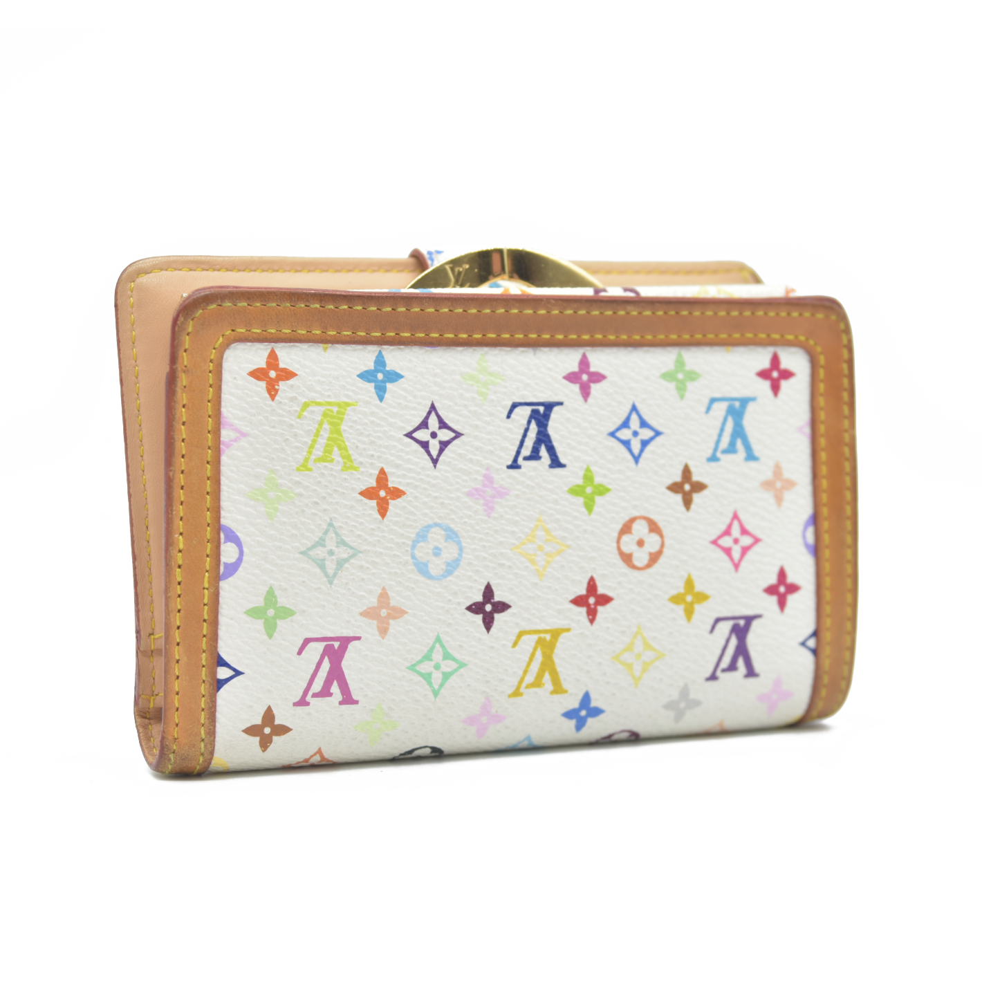 $735 Louis Vuitton Monogram Multicolor French Purse Wallet White TH0036 2006