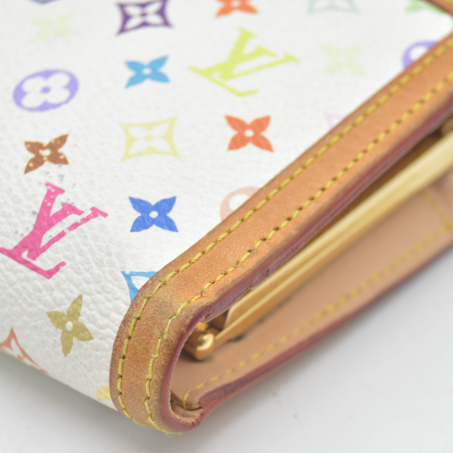 $735 Louis Vuitton Monogram Multicolor French Purse Wallet White TH0036 2006