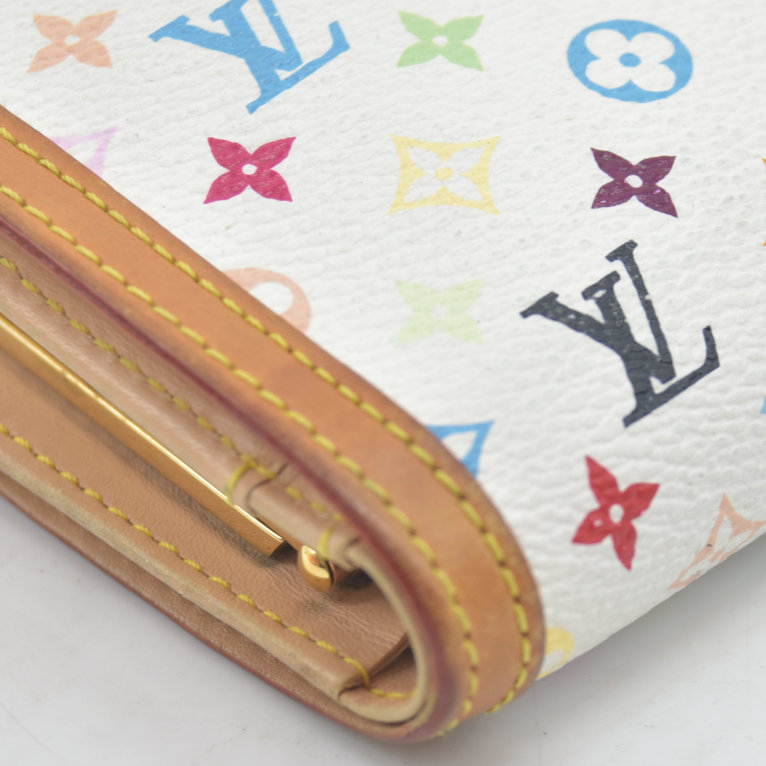 $735 Louis Vuitton Monogram Multicolor French Purse Wallet White TH0036 2006