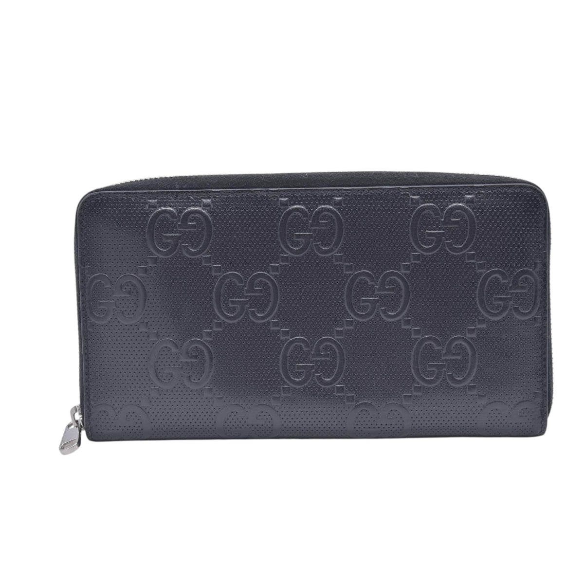 $790 GUCCI Jumbo GG Embossed Perforated Zip Around Wallet Black CONSIGNMENT 10021209