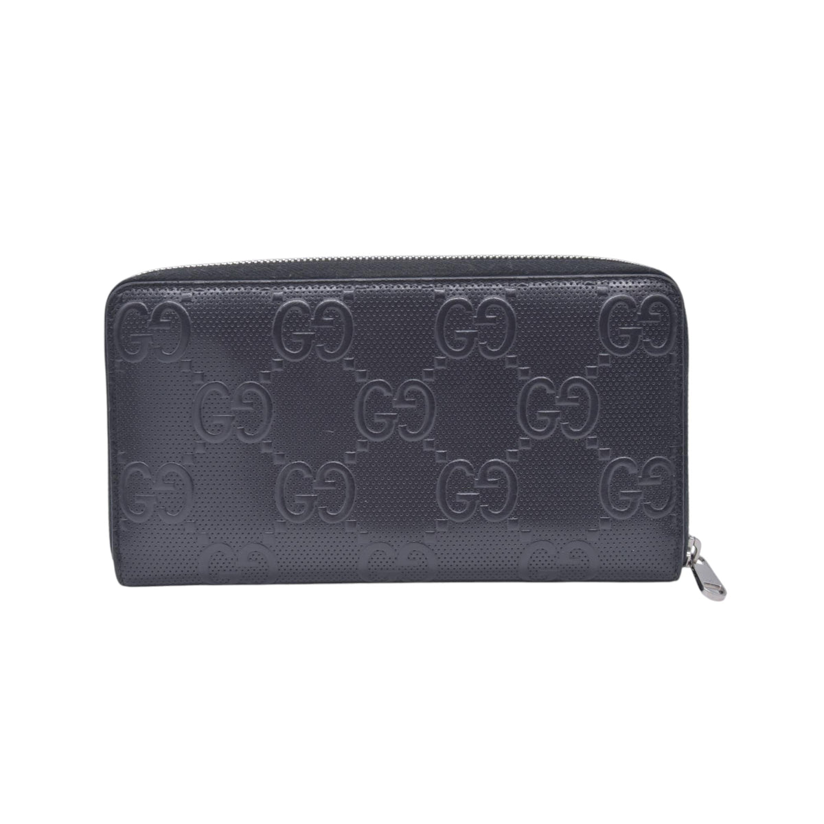 $790 GUCCI Jumbo GG Embossed Perforated Zip Around Wallet Black CONSIGNMENT 10021209