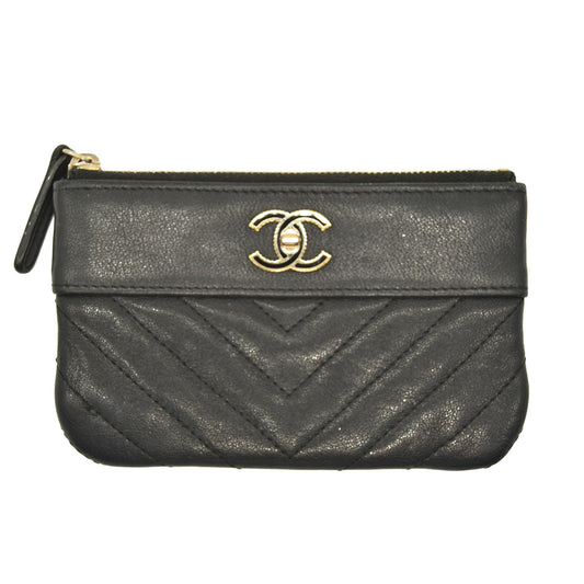 Chanel  Sheepskin Chevron Quilted Small Vintage Mademoiselle Cosmetic Case Black