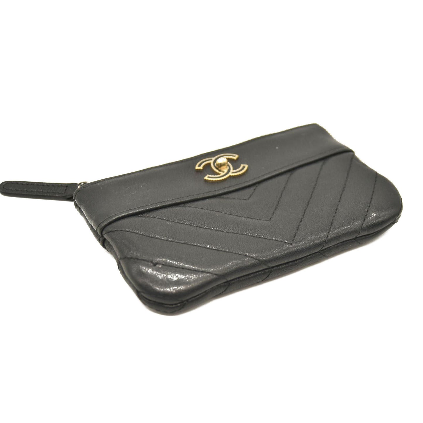 Chanel  Sheepskin Chevron Quilted Small Vintage Mademoiselle Cosmetic Case Black