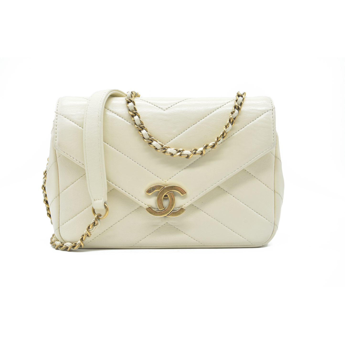 2016 $3400 Chanel Ivory Chevron Quilted Leather Paris-Seoul Coco Envelope Small Crossbody Bag