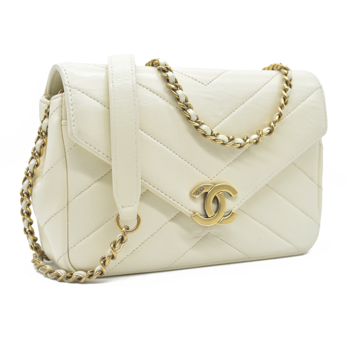 2016 $3400 Chanel Ivory Chevron Quilted Leather Paris-Seoul Coco Envelope Small Crossbody Bag