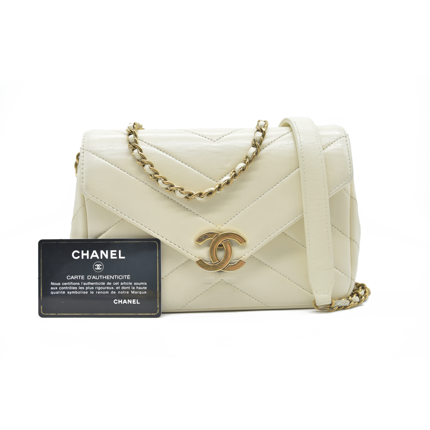 2016 $3400 Chanel Ivory Chevron Quilted Leather Paris-Seoul Coco Envelope Small Crossbody Bag