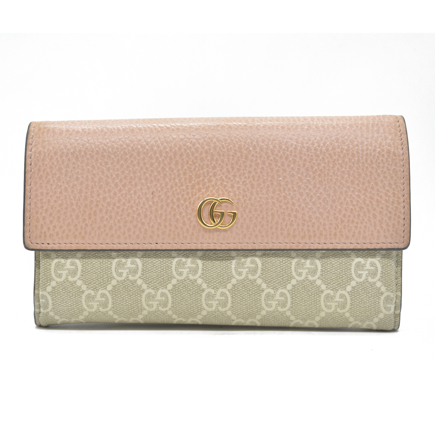$710 Gucci Dollar Calfskin GG Supreme Monogram GG Marmont Continental Wallet Pink Oatmeal