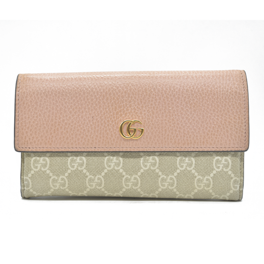 $710 Gucci Dollar Calfskin GG Supreme Monogram GG Marmont Continental Wallet Pink Oatmeal