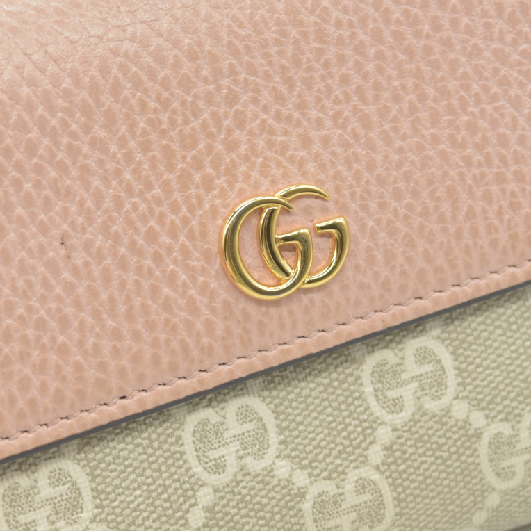 $710 Gucci Dollar Calfskin GG Supreme Monogram GG Marmont Continental Wallet Pink Oatmeal