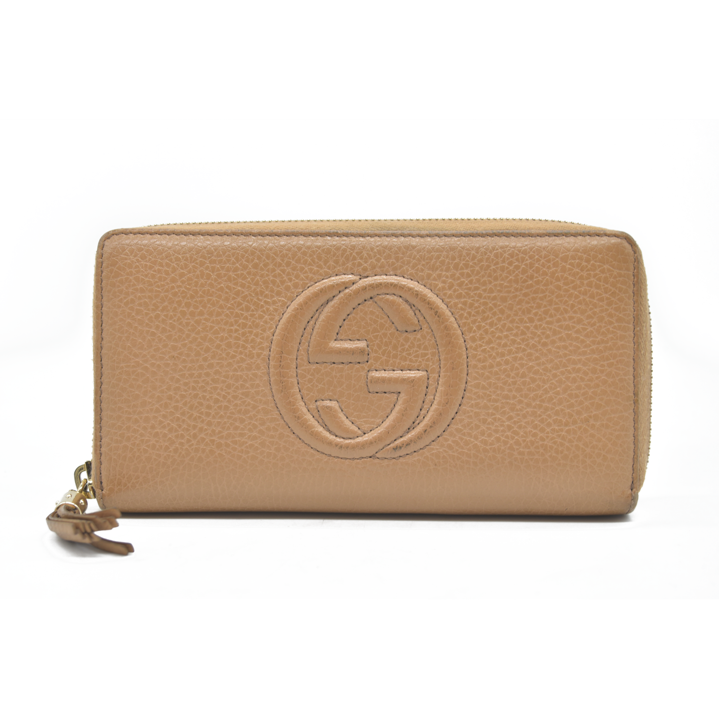 $660 Gucci Calfskin Soho Zip Around Wallet Beige Pebbled