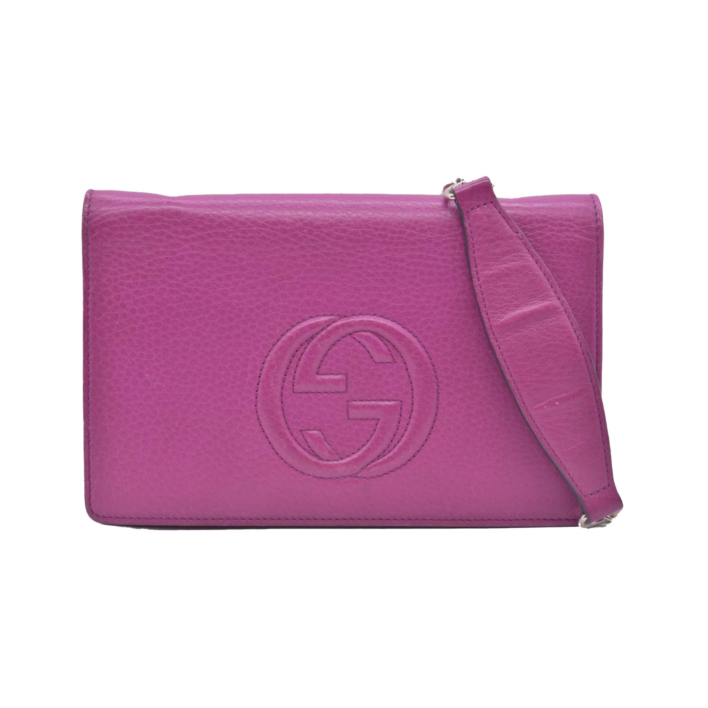 $850 Gucci Pebbled Calfskin Soho Wallet On Chain Fuchsia CONSIGNMENT