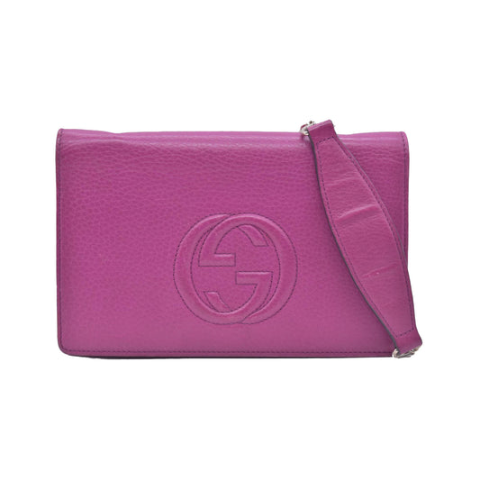 $850 Gucci Pebbled Calfskin Soho Wallet On Chain Fuchsia CONSIGNMENT