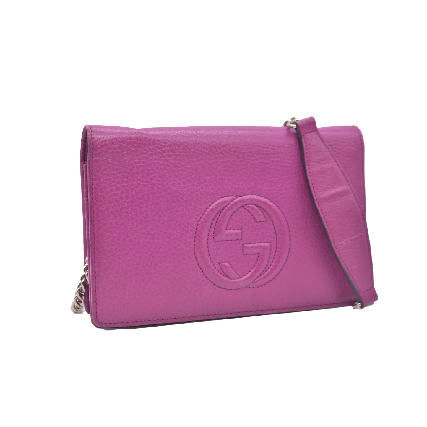 $850 Gucci Pebbled Calfskin Soho Wallet On Chain Fuchsia CONSIGNMENT