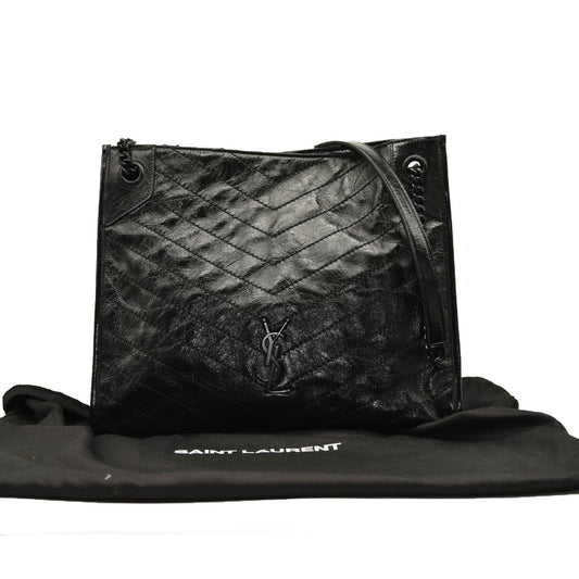 SAINT LAURENT Crinkled Calfskin Matelasse Monogram Medium Niki Shopper Tote Black