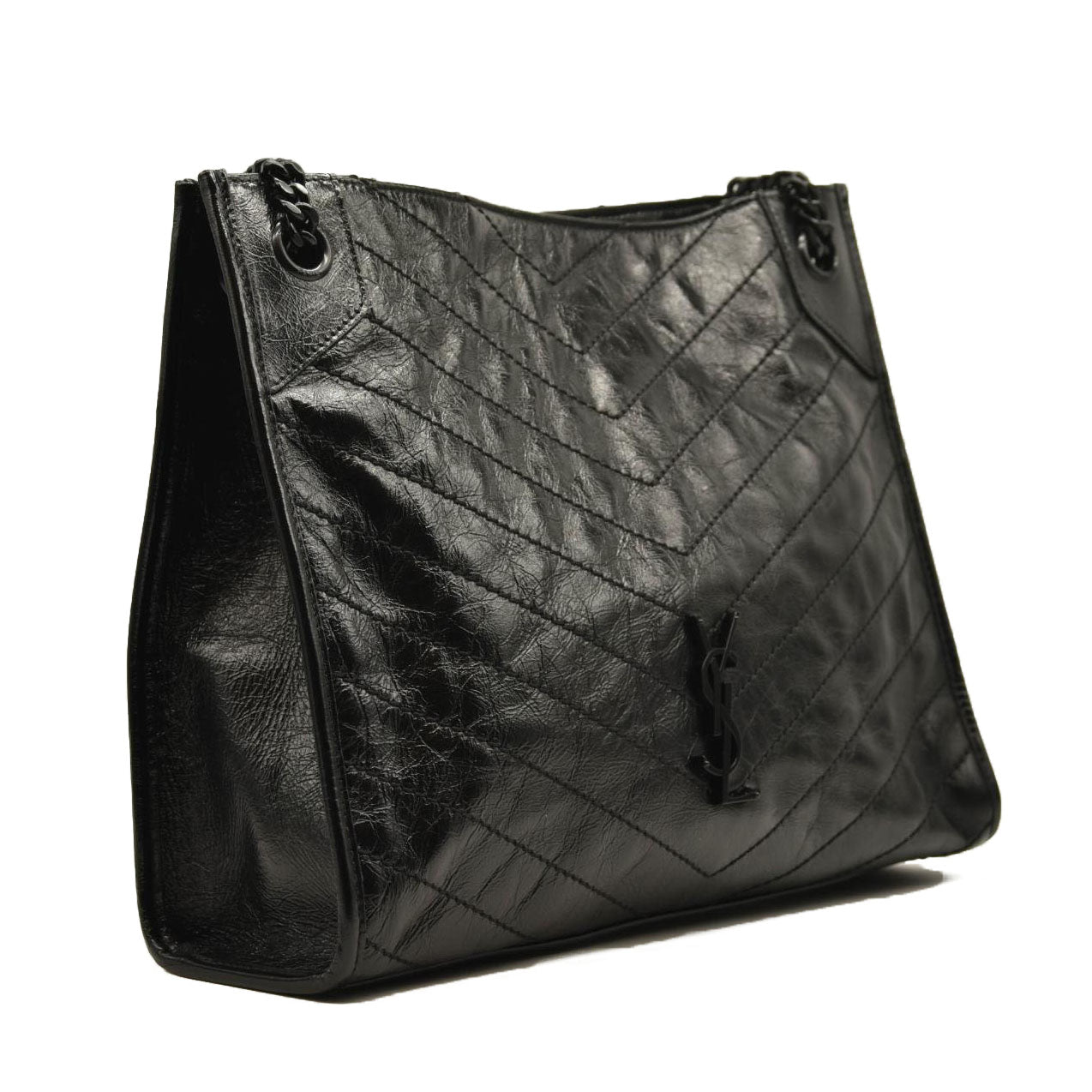 SAINT LAURENT Crinkled Calfskin Matelasse Monogram Medium Niki Shopper Tote Black