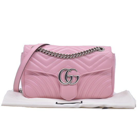 $2850 Gucci Calfskin Matelasse Small GG Marmont Shoulder Bag Wild Rose CONSIGNMENT 10021307
