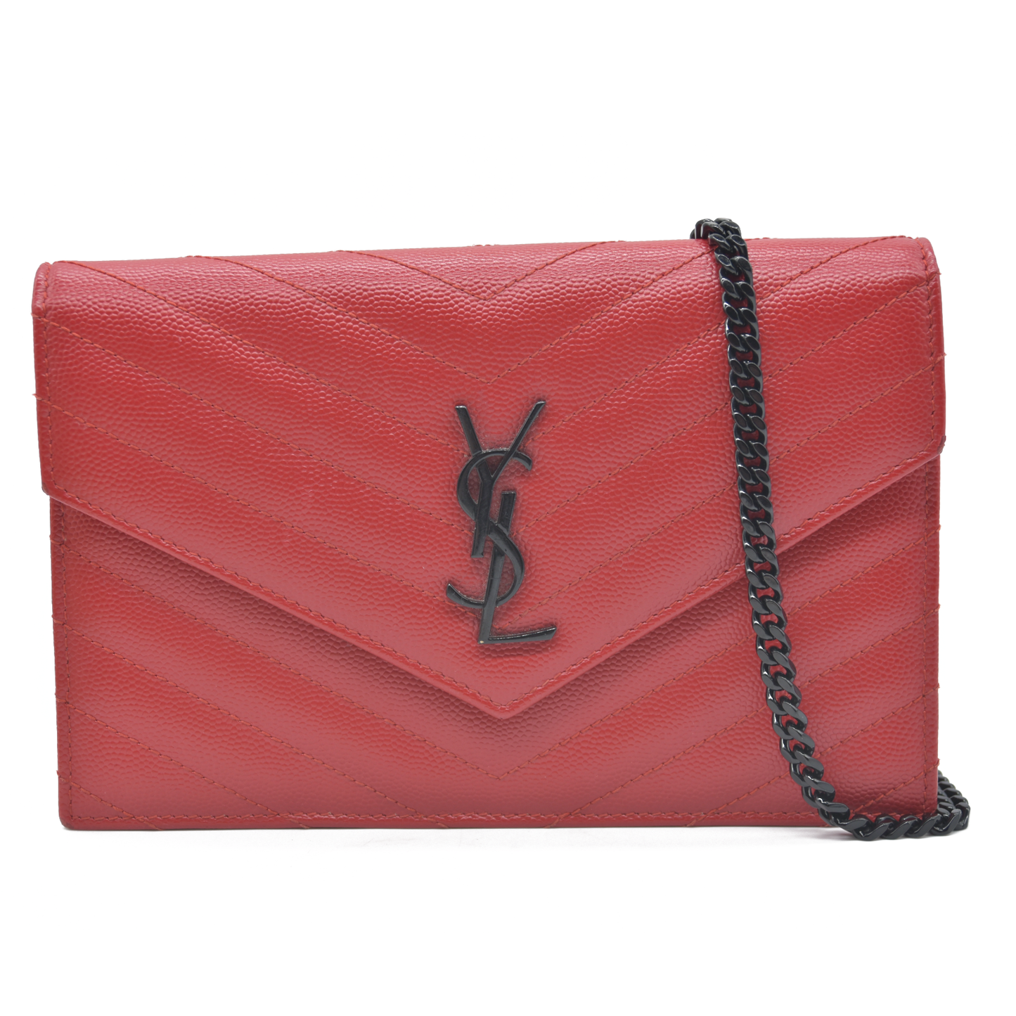$1190 Saint Laurent Grain De Poudre Matelasse Chevron Monogram Envelope Chain Wallet Red