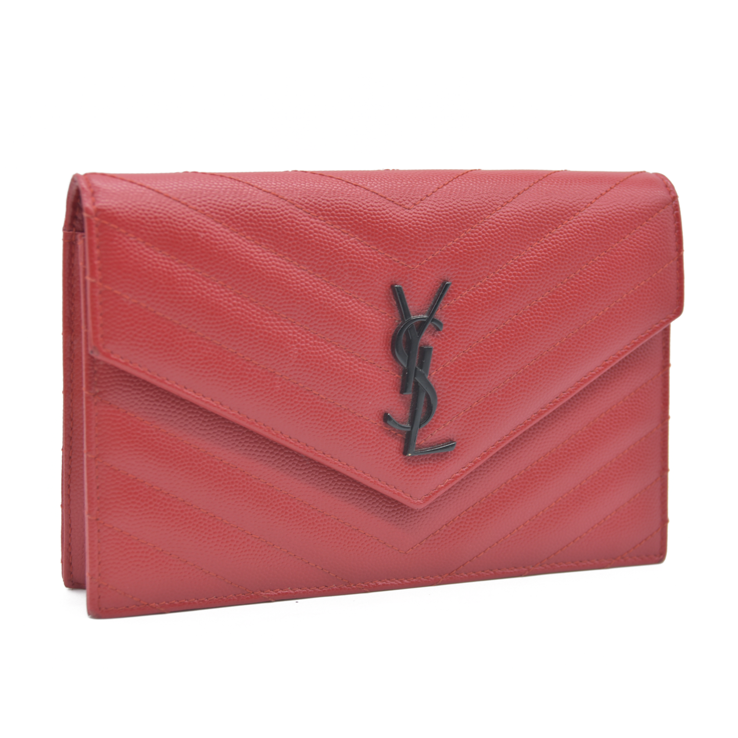 $1190 Saint Laurent Grain De Poudre Matelasse Chevron Monogram Envelope Chain Wallet Red
