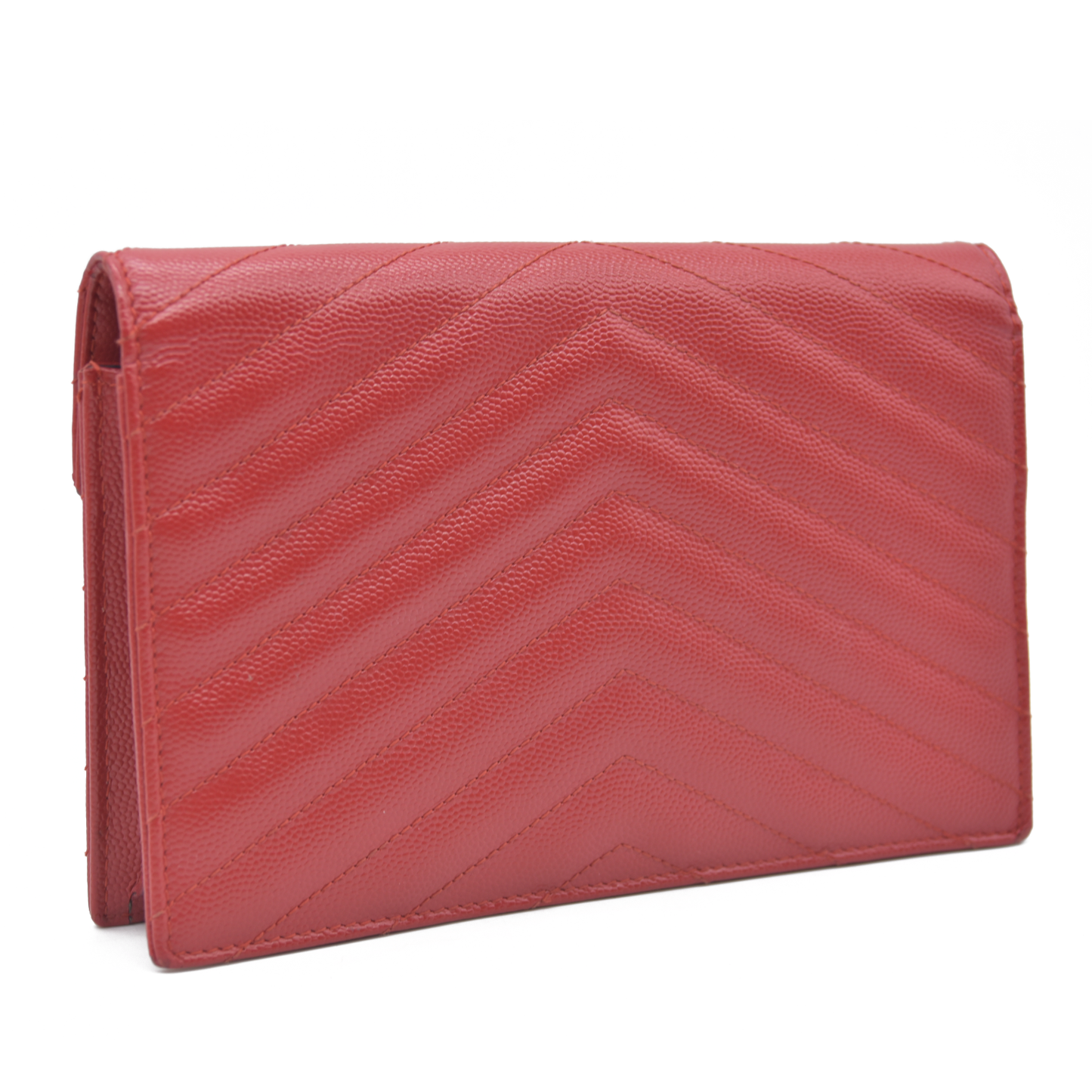 $1190 Saint Laurent Grain De Poudre Matelasse Chevron Monogram Envelope Chain Wallet Red