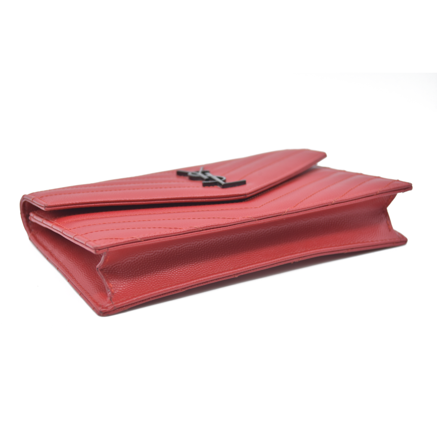 $1190 Saint Laurent Grain De Poudre Matelasse Chevron Monogram Envelope Chain Wallet Red