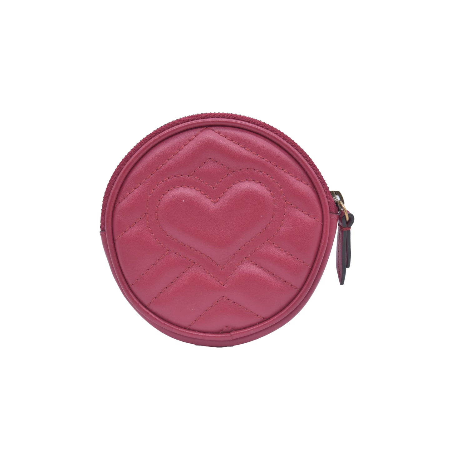 $1450 Gucci Glazed Calfskin Matelasse Heart Mini GG Marmont Round Pouch Romantic Cerise CONSIGNMENT