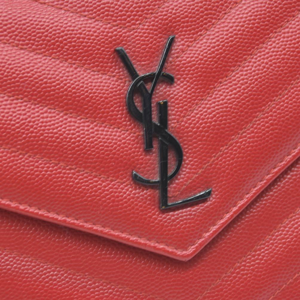 $1190 Saint Laurent Grain De Poudre Matelasse Chevron Monogram Envelope Chain Wallet Red