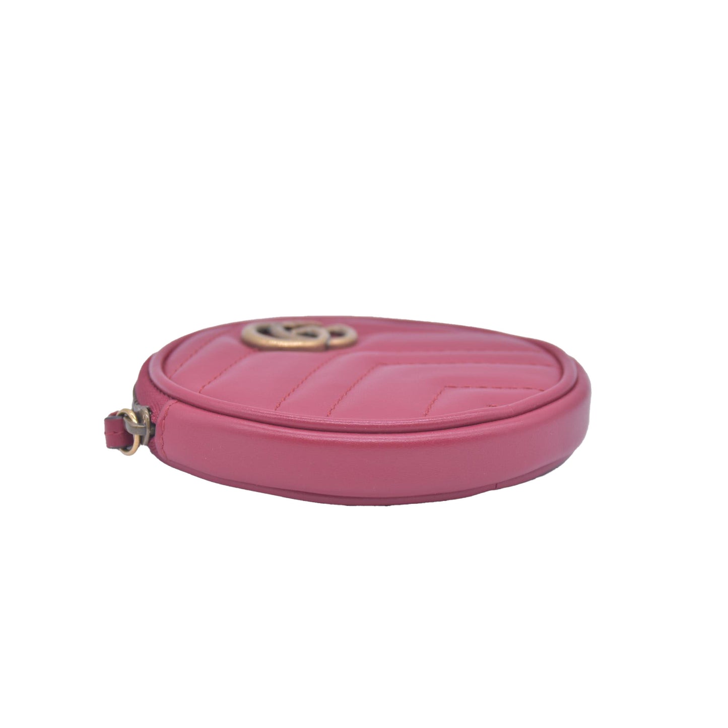 $1450 Gucci Glazed Calfskin Matelasse Heart Mini GG Marmont Round Pouch Romantic Cerise CONSIGNMENT