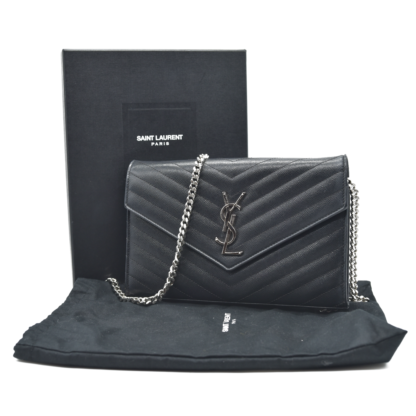 $1600 Saint Laurent Grain De Poudre Matelasse Chevron Monogram Envelope Chain Wallet Black