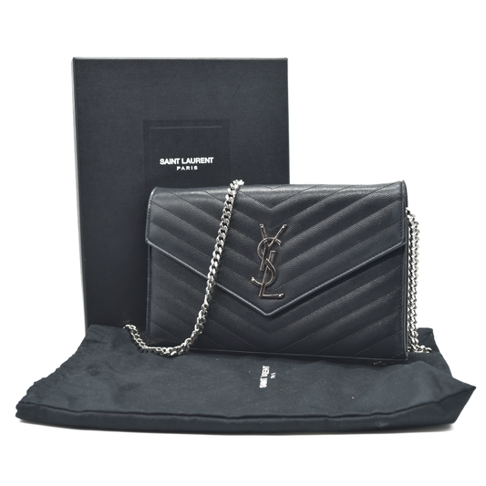 $1600 Saint Laurent Grain De Poudre Matelasse Chevron Monogram Envelope Chain Wallet Black