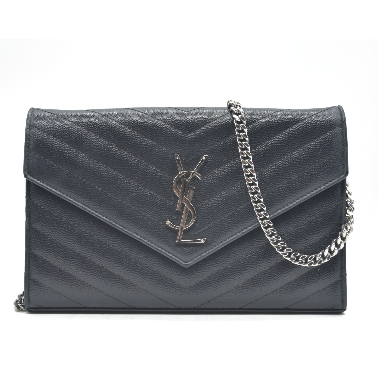 $1600 Saint Laurent Grain De Poudre Matelasse Chevron Monogram Envelope Chain Wallet Black