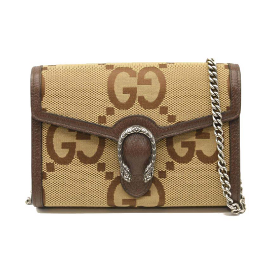 NEW Gucci Monogram Jumbo GG Textured Dollar Calfskin Mini Dionysus Chain Wallet Camel Ebony New Acero
