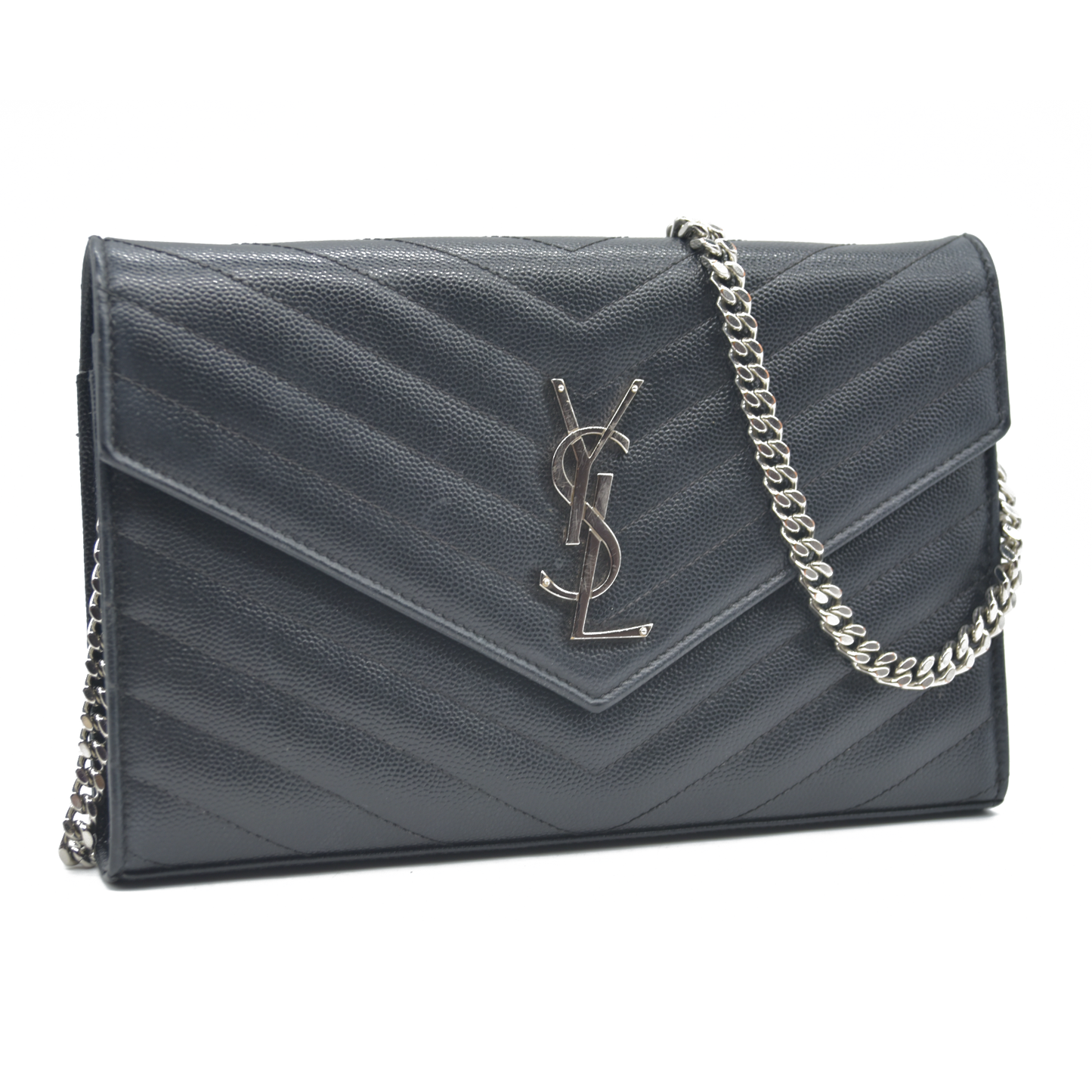 $1600 Saint Laurent Grain De Poudre Matelasse Chevron Monogram Envelope Chain Wallet Black