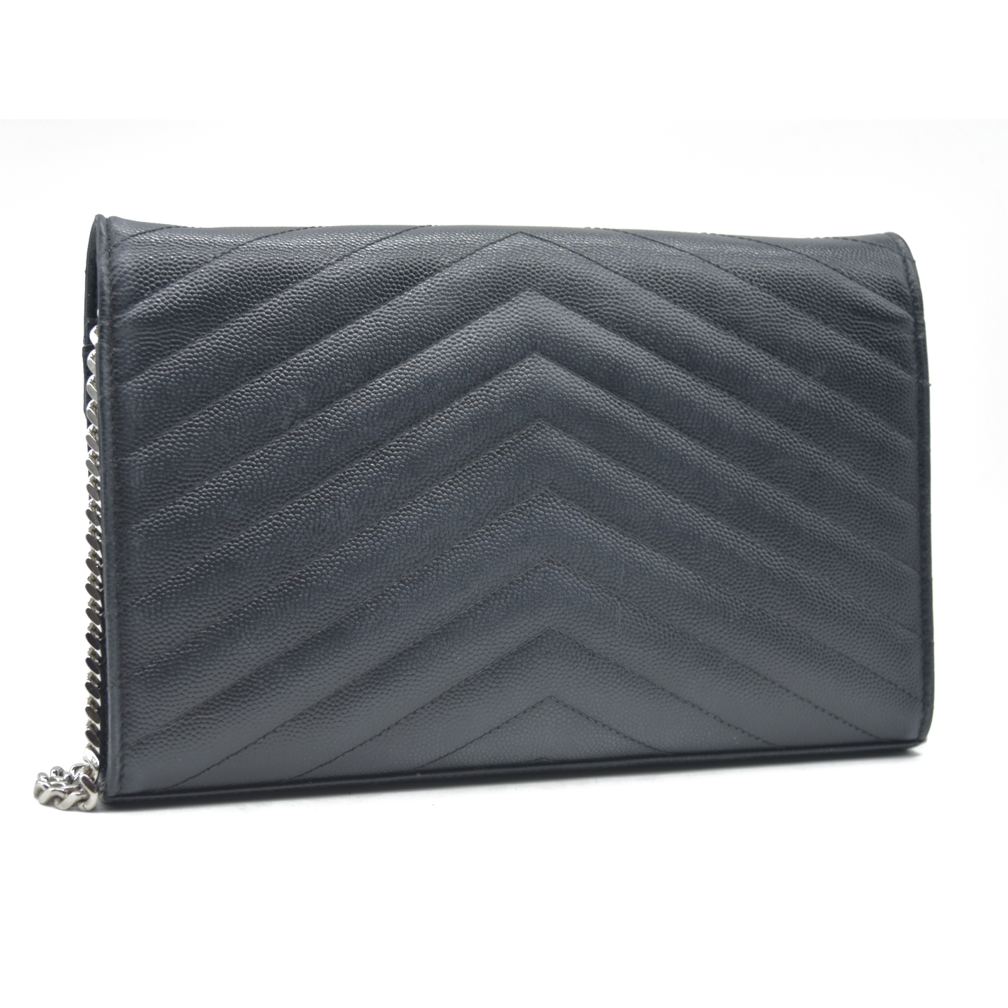 $1600 Saint Laurent Grain De Poudre Matelasse Chevron Monogram Envelope Chain Wallet Black