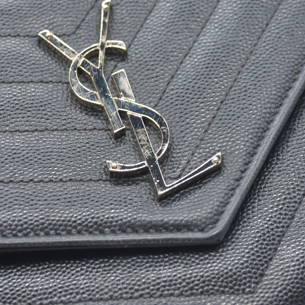 $1600 Saint Laurent Grain De Poudre Matelasse Chevron Monogram Envelope Chain Wallet Black