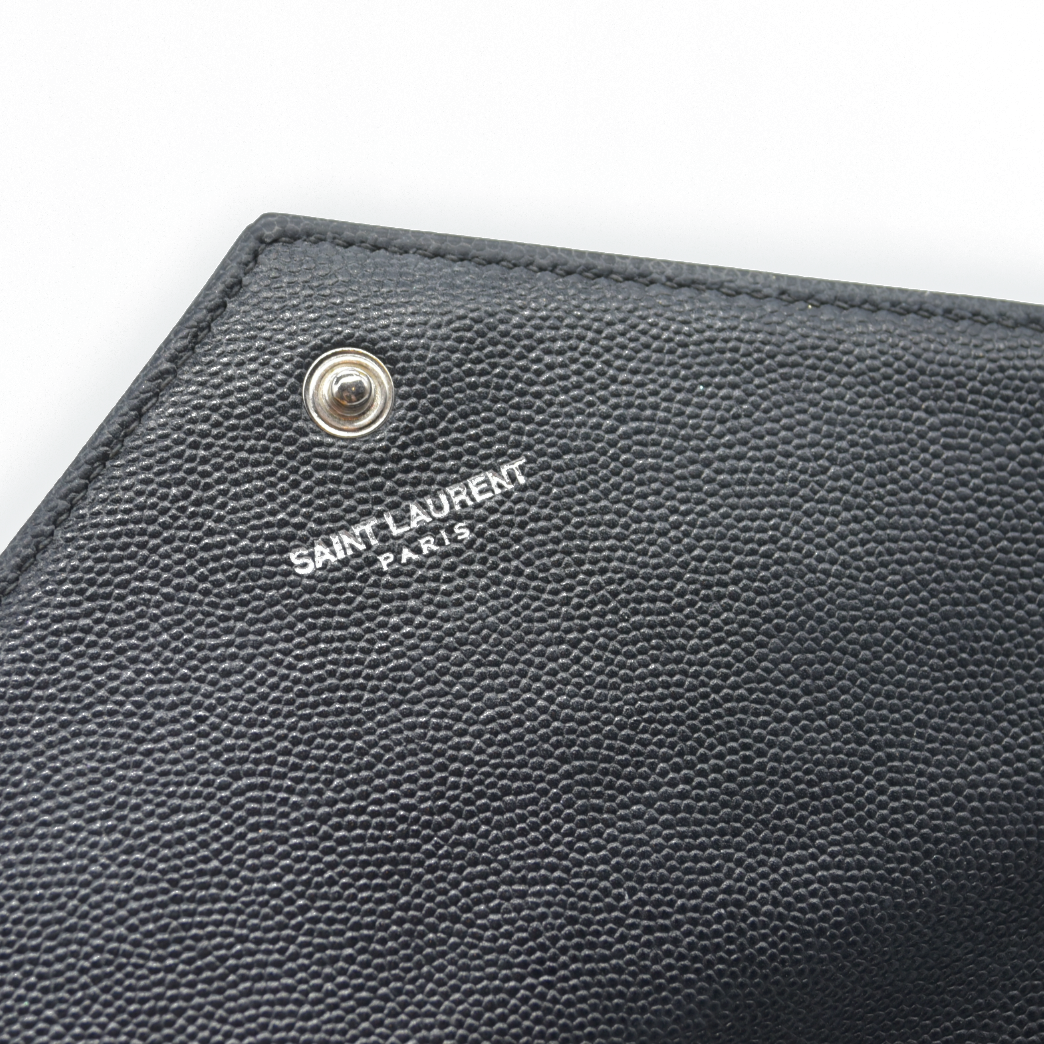 $1600 Saint Laurent Grain De Poudre Matelasse Chevron Monogram Envelope Chain Wallet Black