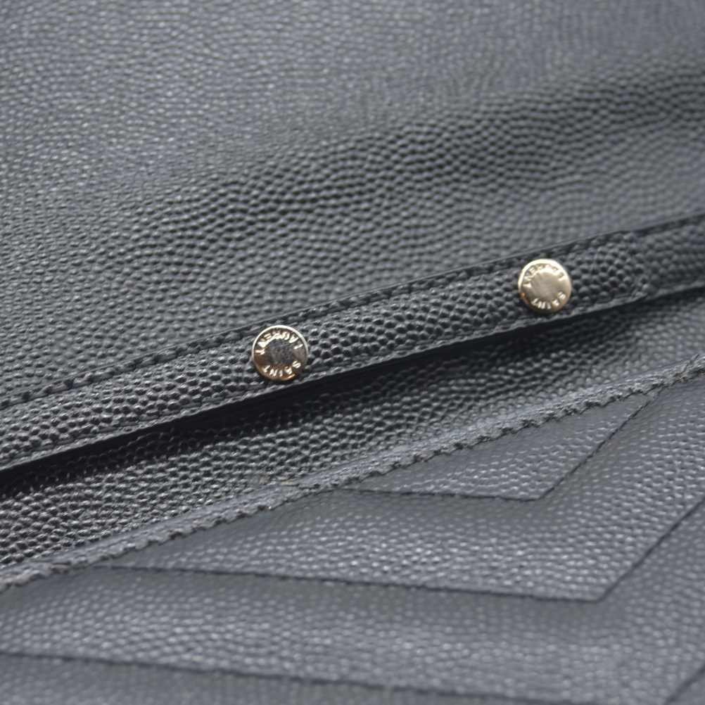 $1600 Saint Laurent Grain De Poudre Matelasse Chevron Monogram Envelope Chain Wallet Black