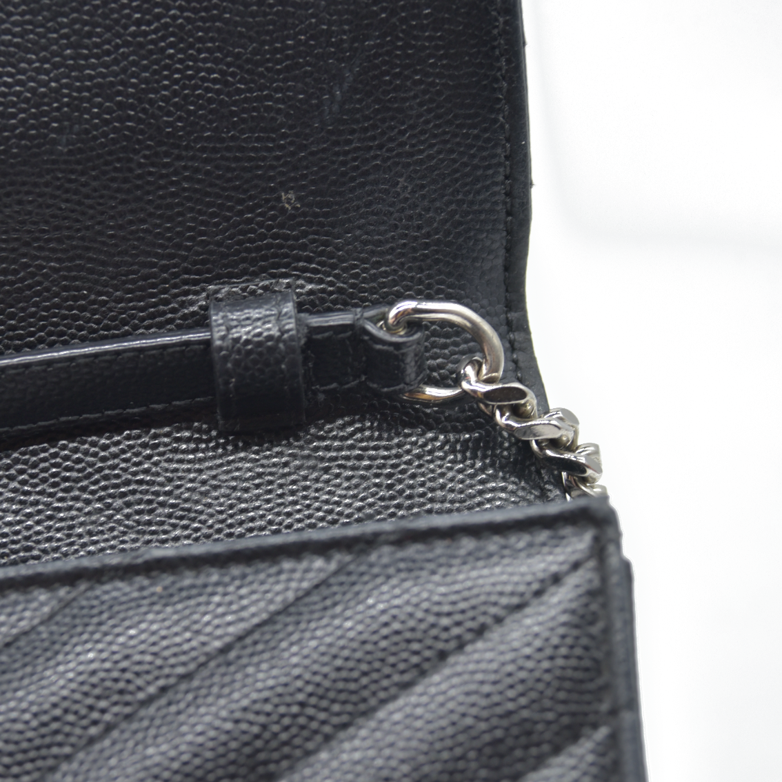 $1600 Saint Laurent Grain De Poudre Matelasse Chevron Monogram Envelope Chain Wallet Black